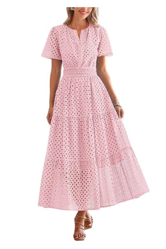 Womens Summer Maxi Dress Short Sleeve V Neck Hollow Out Eyelet A Line Long Flowy Beach Vacation Dresses