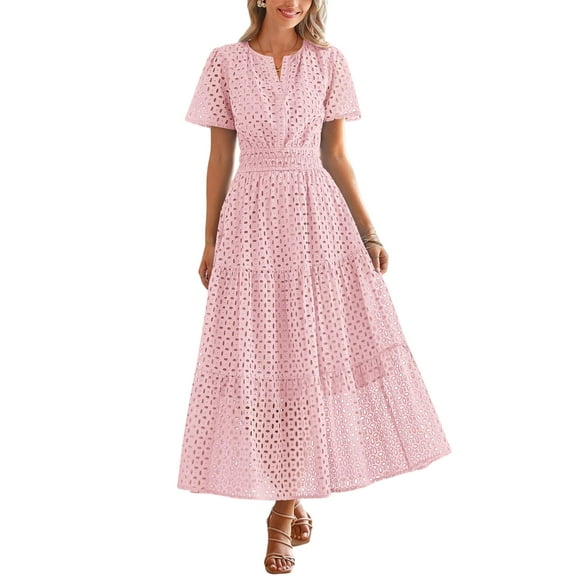 PRETTYGARDEN Womens Summer Maxi Dress Short Sleeve V Neck Hollow Out Eyelet A Line Long Flowy Beach Vacation Dresses