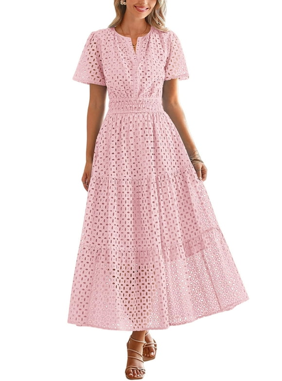 Womens Summer Maxi Dress Short Sleeve V Neck Hollow Out Eyelet A Line Long Flowy Beach Vacation Dresses