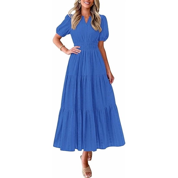 PRETTYGARDEN Womens Summer Maxi Dresses Casual Puff Sleeve V Neck Smocked Flowy Eyelet Cotton Dress Spring Sundress