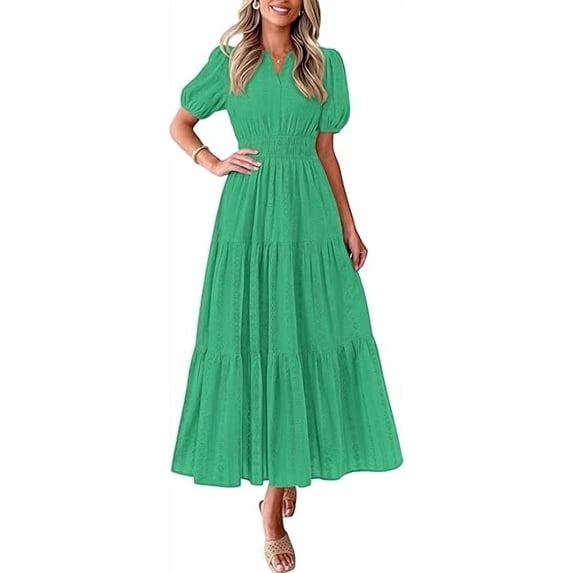 PRETTYGARDEN Womens Summer Maxi Dresses Casual Puff Sleeve V Neck Smocked Flowy Eyelet Cotton Dress Spring Sundress