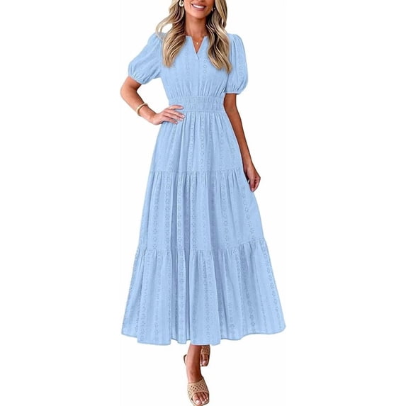 PRETTYGARDEN Womens Summer Maxi Dresses Casual Puff Sleeve V Neck Smocked Flowy Eyelet Cotton Dress Spring Sundress