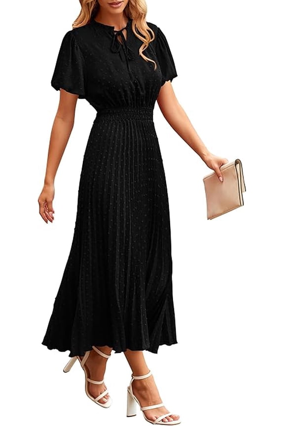 Womens Summer Midi Dresses Puff Short Sleeve V Neck Swiss Dot Pleated A Line Flowy Long Wedding Guest Dress