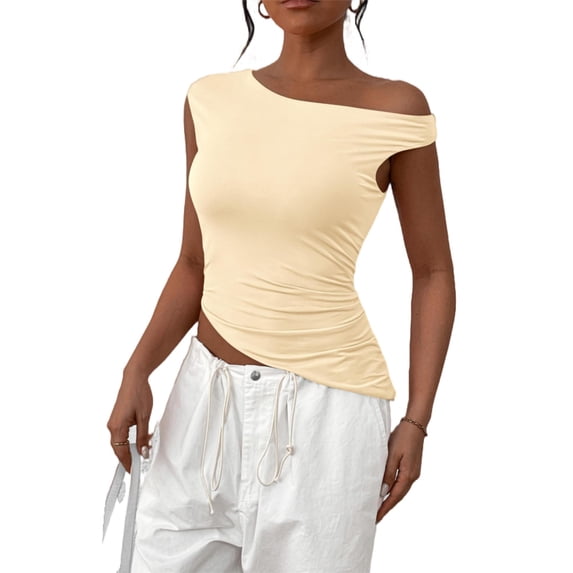 PRETTYGARDEN Womens Summer Off The Shoulder Crop Tops Sleeveless One Shoulder Ruched Asymmetrical Y2K Going Out Tank Top