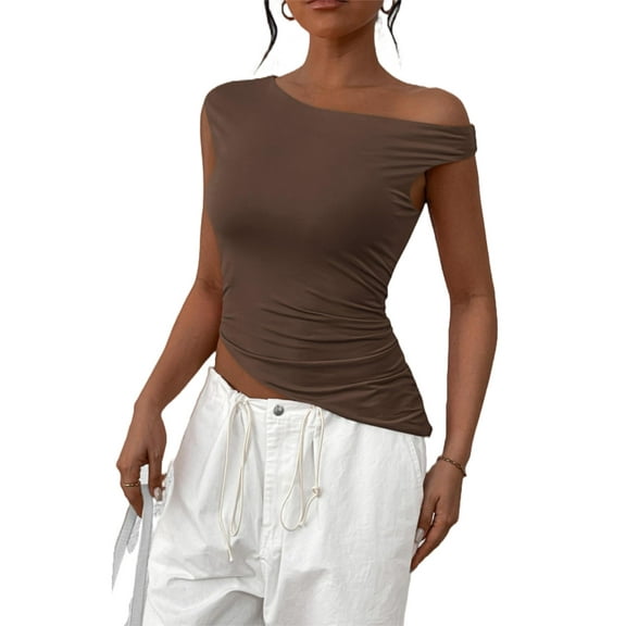 PRETTYGARDEN Womens Summer Off The Shoulder Crop Tops Sleeveless One Shoulder Ruched Asymmetrical Y2K Going Out Tank Top