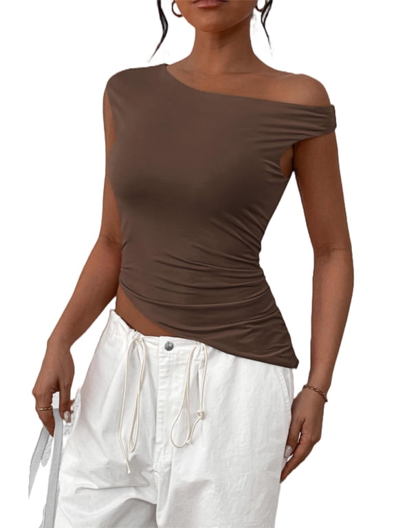 Womens Summer Off The Shoulder Crop Tops Sleeveless One Shoulder Ruched Asymmetrical Y2K Going Out Tank Top