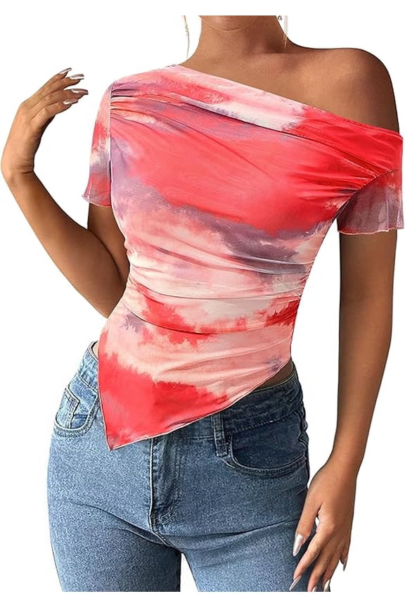 Womens Summer Off The Shoulder Tops Spring Short Sleeve Mesh Tie Dye Shirt Ruched Asymmetrical Y2k Clothes