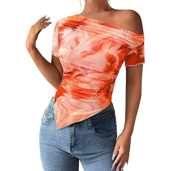 PRETTYGARDEN Womens Summer Off The Shoulder Tops Spring Short Sleeve Mesh Tie Dye Shirt Ruched Asymmetrical Y2k Clothes