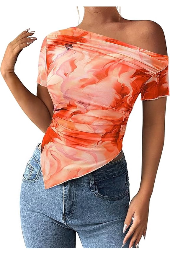 Womens Summer Off The Shoulder Tops Spring Short Sleeve Mesh Tie Dye Shirt Ruched Asymmetrical Y2k Clothes