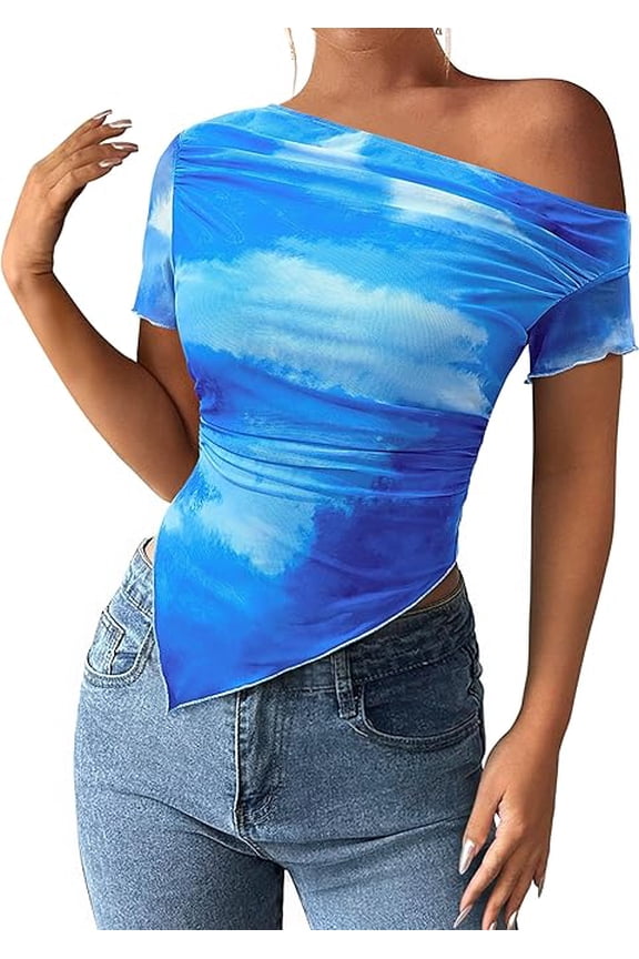 Womens Summer Off The Shoulder Tops Spring Short Sleeve Mesh Tie Dye Shirt Ruched Asymmetrical Y2k Clothes