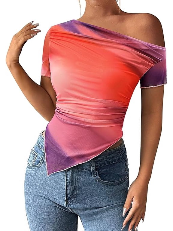 Womens Summer Off The Shoulder Tops Spring Short Sleeve Mesh Tie Dye Shirt Ruched Asymmetrical Y2k Clothes