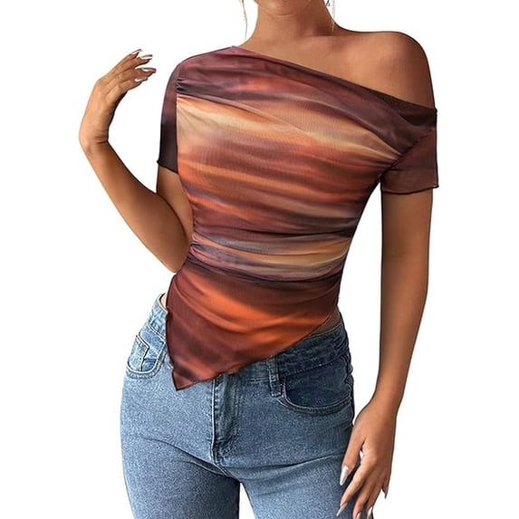 PRETTYGARDEN Womens Summer Off The Shoulder Tops Spring Short Sleeve Mesh Tie Dye Shirt Ruched Asymmetrical Y2k Clothes