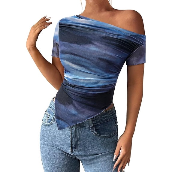 PRETTYGARDEN Womens Summer Off The Shoulder Tops Spring Short Sleeve Mesh Tie Dye Shirt Ruched Asymmetrical Y2k Clothes