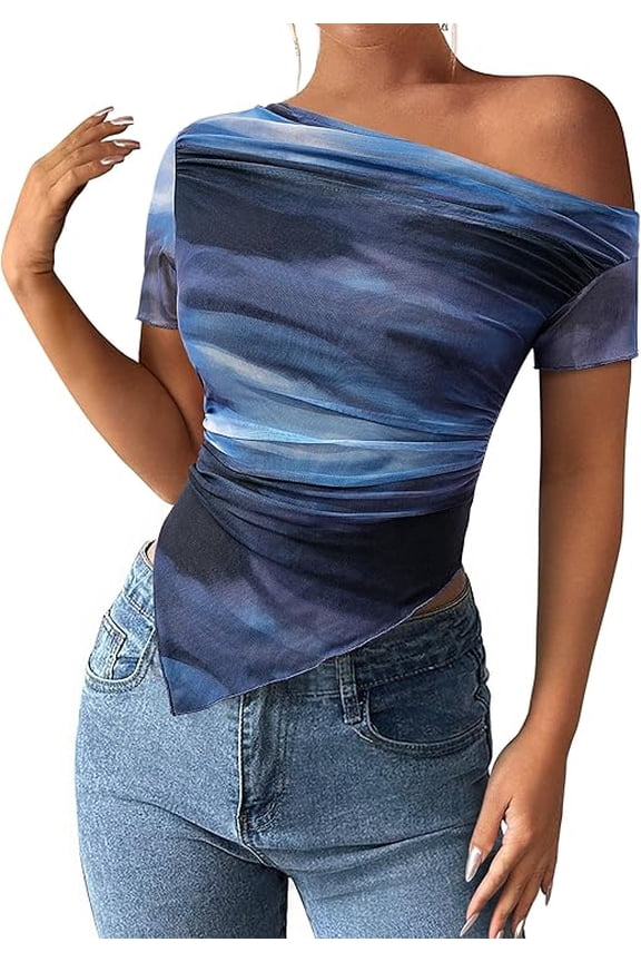 Womens Summer Off The Shoulder Tops Spring Short Sleeve Mesh Tie Dye Shirt Ruched Asymmetrical Y2k Clothes