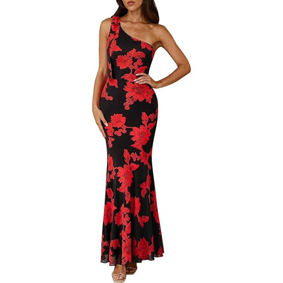 PRETTYGARDEN Womens Summer One Shoulder Maxi Dress Floral Sleeveless Bodycon Mesh Long Formal Wedding Guest Dresses