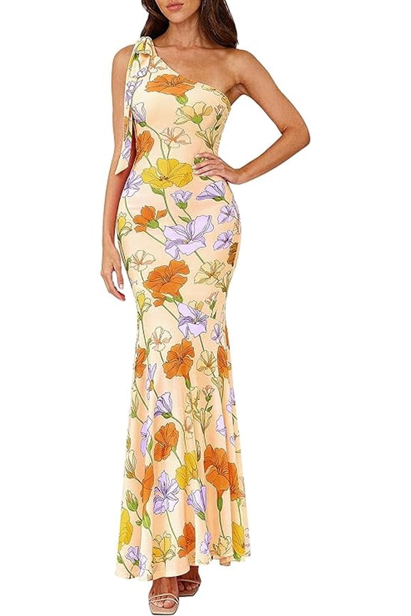 Womens Summer One Shoulder Maxi Dress Floral Sleeveless Bodycon Mesh Long Formal Wedding Guest Dresses