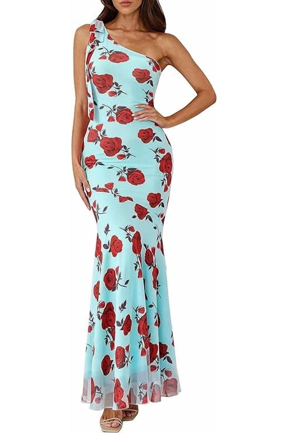 Womens Summer One Shoulder Maxi Dress Floral Sleeveless Bodycon Mesh Long Formal Wedding Guest Dresses