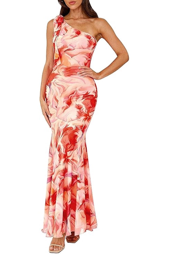 Womens Summer One Shoulder Maxi Dress Floral Sleeveless Bodycon Mesh Long Formal Wedding Guest Dresses