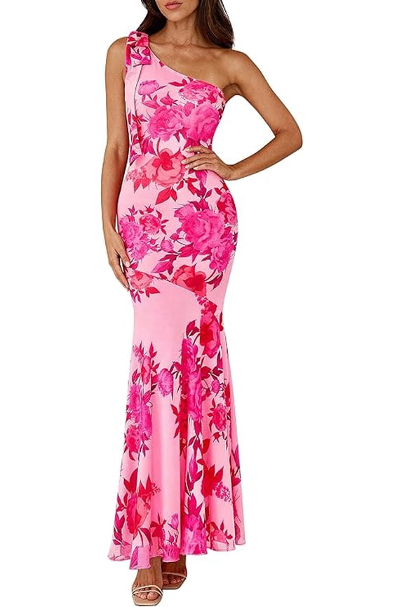 Womens Summer One Shoulder Maxi Dress Floral Sleeveless Bodycon Mesh Long Formal Wedding Guest Dresses