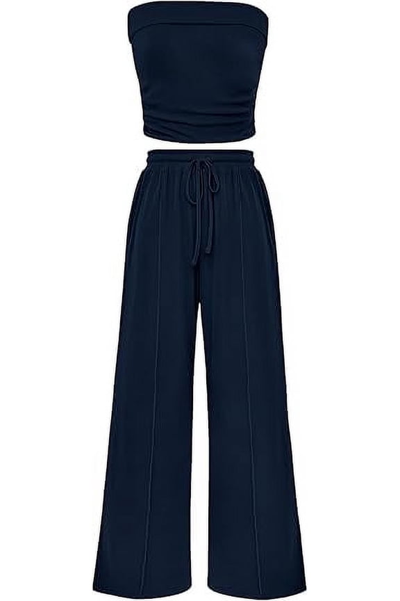 Womens Summer Outfits 2 Piece Sets Casual Ribbed Knit Crop Tube Top Wide Leg Pants Spring Matching Lounge Set
