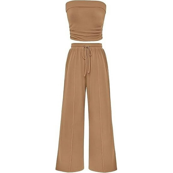 PRETTYGARDEN Womens Summer Outfits 2 Piece Sets Casual Ribbed Knit Crop Tube Top Wide Leg Pants Spring Matching Lounge Set