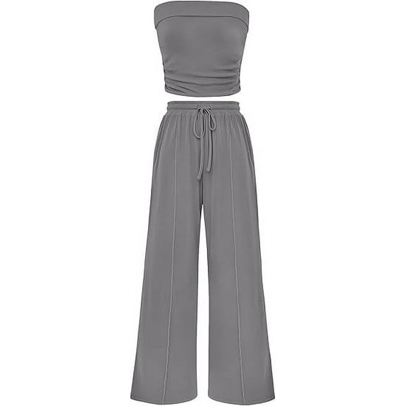 PRETTYGARDEN Womens Summer Outfits 2 Piece Sets Casual Ribbed Knit Crop Tube Top Wide Leg Pants Spring Matching Lounge Set