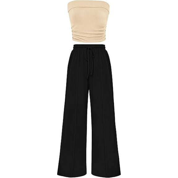 PRETTYGARDEN Womens Summer Outfits 2 Piece Sets Casual Ribbed Knit Crop Tube Top Wide Leg Pants Spring Matching Lounge Set