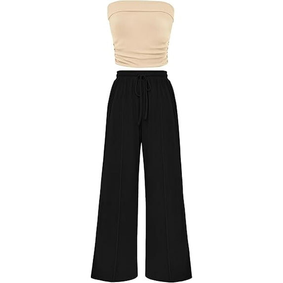 PRETTYGARDEN Womens Summer Outfits 2 Piece Sets Casual Ribbed Knit Crop Tube Top Wide Leg Pants Spring Matching Lounge Set