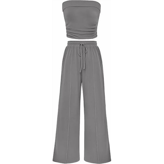 PRETTYGARDEN Womens Summer Outfits 2 Piece Sets Casual Ribbed Knit Crop Tube Top Wide Leg Pants Spring Matching Lounge Set