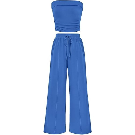 PRETTYGARDEN Womens Summer Outfits 2 Piece Sets Casual Ribbed Knit Crop Tube Top Wide Leg Pants Spring Matching Lounge Set