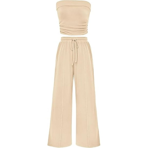 PRETTYGARDEN Womens Summer Outfits 2 Piece Sets Casual Ribbed Knit Crop Tube Top Wide Leg Pants Spring Matching Lounge Set