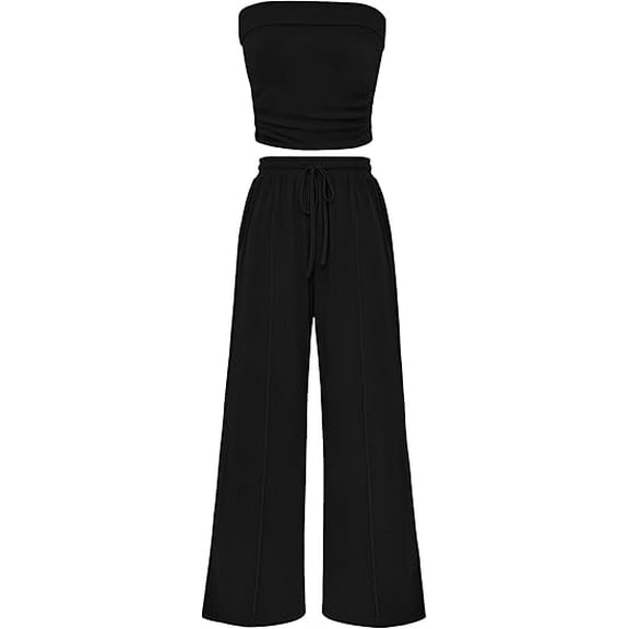 PRETTYGARDEN Womens Summer Outfits 2 Piece Sets Casual Ribbed Knit Crop Tube Top Wide Leg Pants Spring Matching Lounge Set