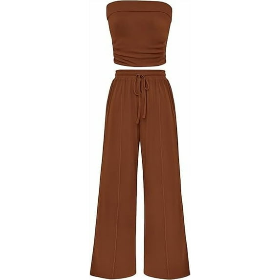 PRETTYGARDEN Womens Summer Outfits 2 Piece Sets Casual Ribbed Knit Crop Tube Top Wide Leg Pants Spring Matching Lounge Set