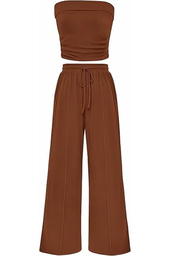 Womens Summer Outfits 2 Piece Sets Casual Ribbed Knit Crop Tube Top Wide Leg Pants Spring Matching Lounge Set