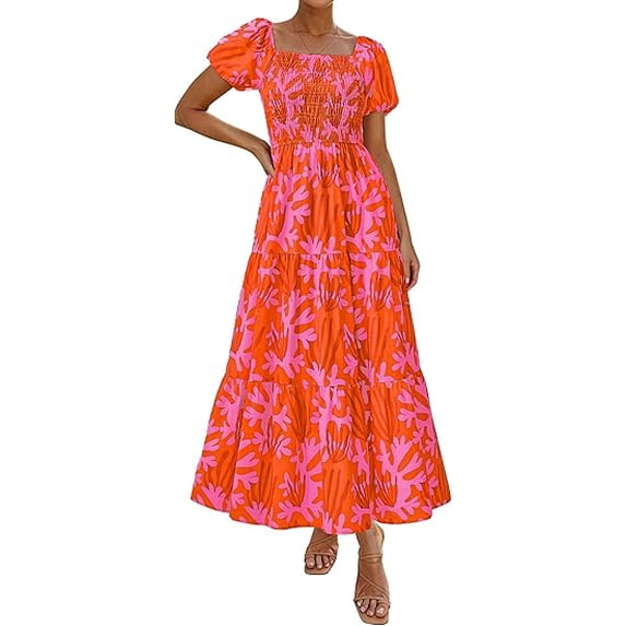 PRETTYGARDEN Womens Summer Puff Short Sleeve Maxi Dress Square Neck Smocked Tiered Ruffle A Line Long Flowy Beach Dresses