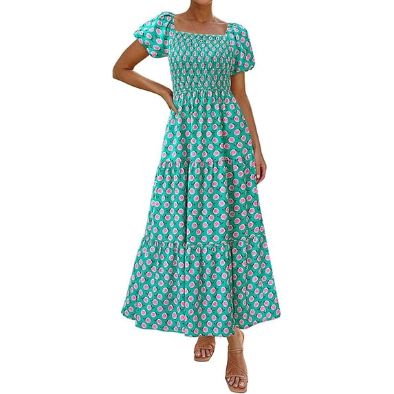 PRETTYGARDEN Womens Summer Puff Short Sleeve Maxi Dress Square Neck Smocked Tiered Ruffle A Line Long Flowy Beach Dresses
