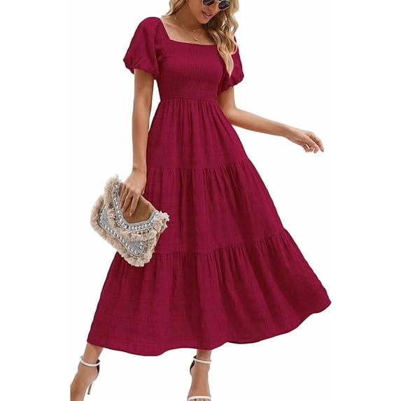 PRETTYGARDEN Womens Summer Puff Short Sleeve Maxi Dress Square Neck Smocked Tiered Ruffle A Line Long Flowy Beach Dresses