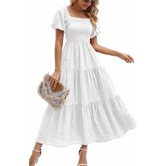 PRETTYGARDEN Womens Summer Puff Short Sleeve Maxi Dress Square Neck Smocked Tiered Ruffle A Line Long Flowy Beach Dresses