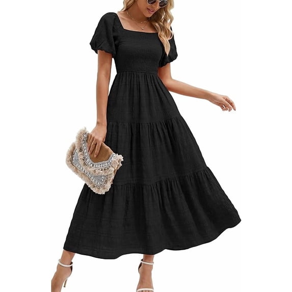 PRETTYGARDEN Womens Summer Puff Short Sleeve Maxi Dress Square Neck Smocked Tiered Ruffle A Line Long Flowy Beach Dresses