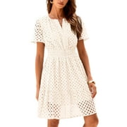 PRETTYGARDEN Womens Summer Short Dress V Neck Short Sleeve A Line Wear To Work Hollow Out Lace Ruffle Cute Casual Beach Party Dresses