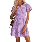 PRETTYGARDEN Womens Summer Short Dress V Neck Short Sleeve A Line Wear To Work Hollow Out Lace Ruffle Cute Casual Beach Party Dresses