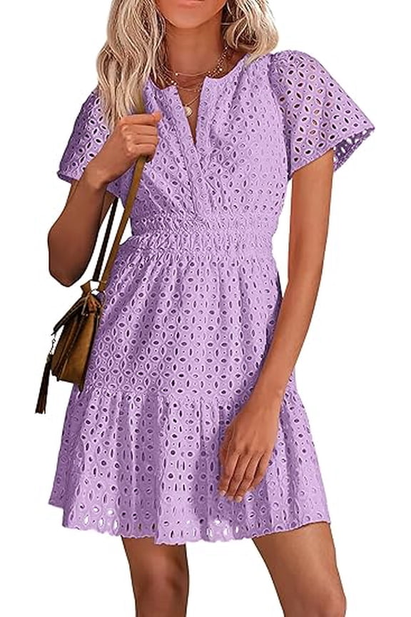 Womens Summer Short Dress V Neck Short Sleeve A Line Wear To Work Hollow Out Lace Ruffle Cute Casual Beach Party Dresses