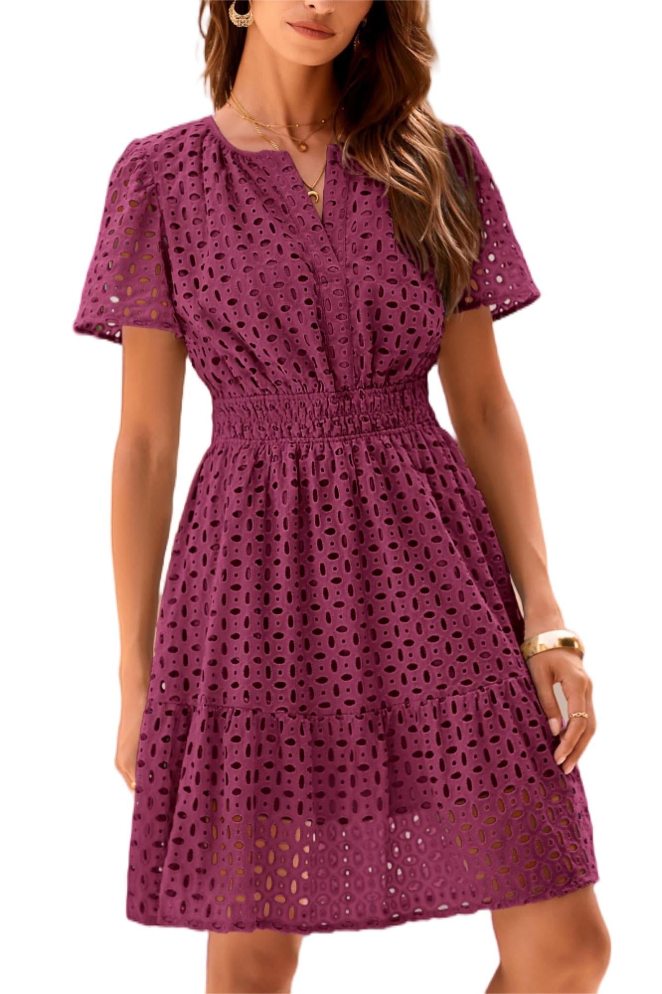PRETTYGARDEN Womens Summer Short Dress V Neck Short Sleeve A Line Wear To  Work Hollow Out Lace Ruffle Cute Casual Beach Party Dresses - Walmart.com