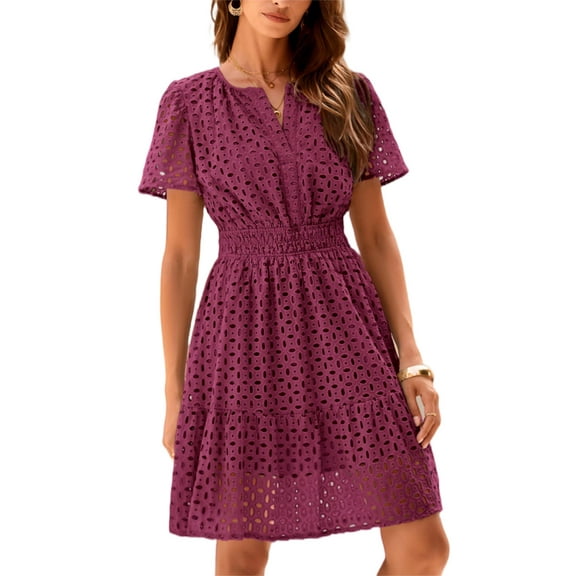 PRETTYGARDEN Womens Summer Short Dress V Neck Short Sleeve A Line Wear To Work Hollow Out Lace Ruffle Cute Casual Beach Party Dresses