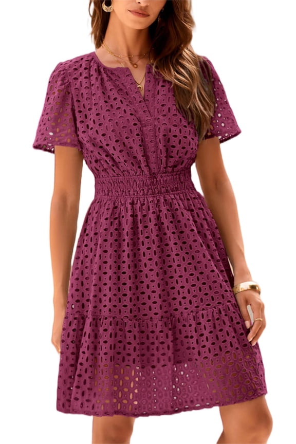 Womens Summer Short Dress V Neck Short Sleeve A Line Wear To Work Hollow Out Lace Ruffle Cute Casual Beach Party Dresses