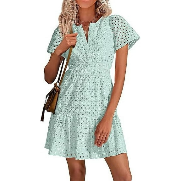 PRETTYGARDEN Womens Summer Short Dress V Neck Short Sleeve A Line Wear To Work Hollow Out Lace Ruffle Cute Casual Beach Party Dresses