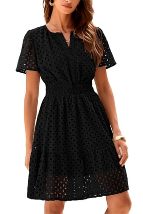 Womens Summer Short Dress V Neck Short Sleeve A Line Wear To Work Hollow Out Lace Ruffle Cute Casual Beach Party Dresses
