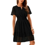 PRETTYGARDEN Womens Summer Short Dress V Neck Short Sleeve A Line Wear To Work Hollow Out Lace Ruffle Cute Casual Beach Party Dresses