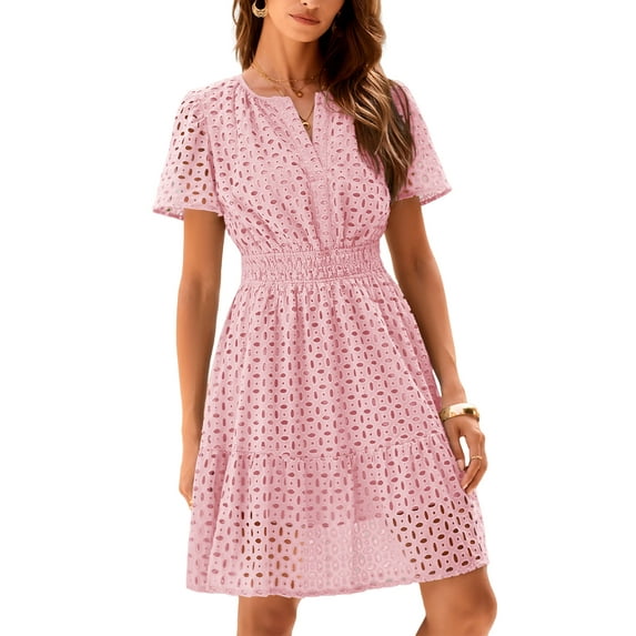 PRETTYGARDEN Womens Summer Short Dress V Neck Short Sleeve A Line Wear To Work Hollow Out Lace Ruffle Cute Casual Beach Party Dresses