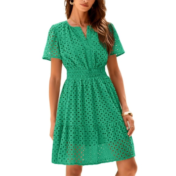PRETTYGARDEN Womens Summer Short Dress V Neck Short Sleeve A Line Wear To Work Hollow Out Lace Ruffle Cute Casual Beach Party Dresses